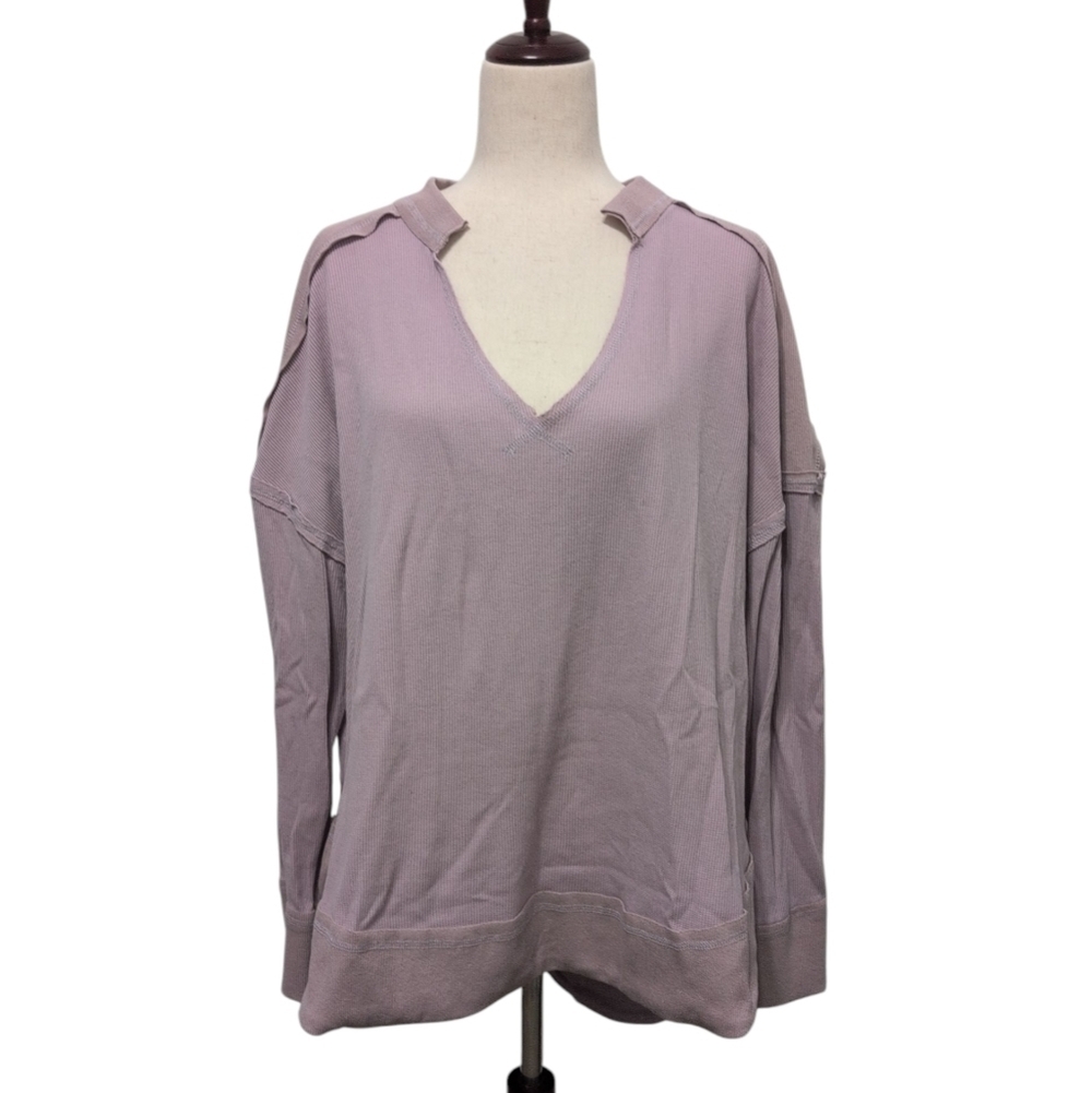 Pink Lily Mauve Waffle Knit V-Neck‎ Thermal Oversized Top Medium Lavender Boho
